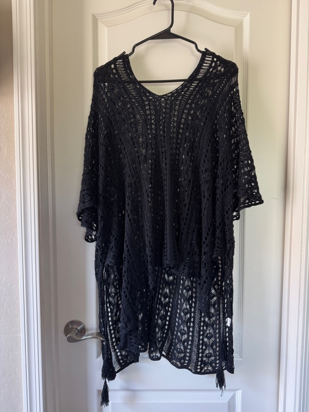Black Crochet Kimono Cover-Up with Tassels / AA72 - Picture 1 of 4